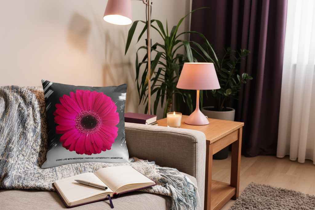 IPAM Floral Affirmation Pillow styled on a cozy living room sofa