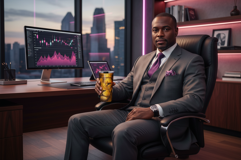 Distinguished man in a sharp tailored suit sitting confidently in a premium office chair holding The King's Cup 20oz stainless steel tumbler