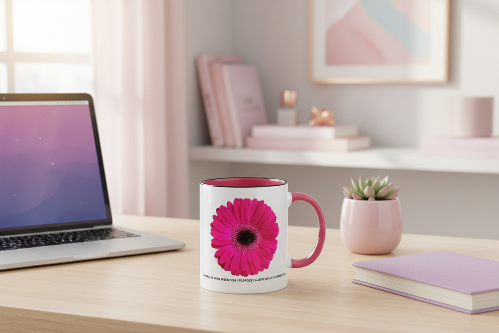 Vibrant Affirmational Mug styled in a modern home office on a desk with a laptop, journal, and plant