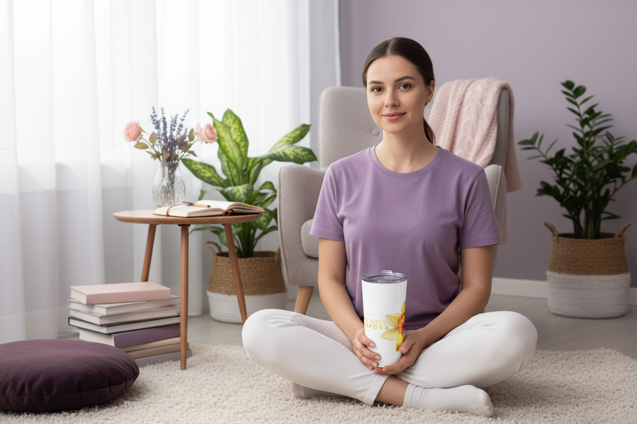 Poised intentional woman in a sunlit reading nook holding the Living With Purpose tapered stainless steel tumbler with a journal nearby