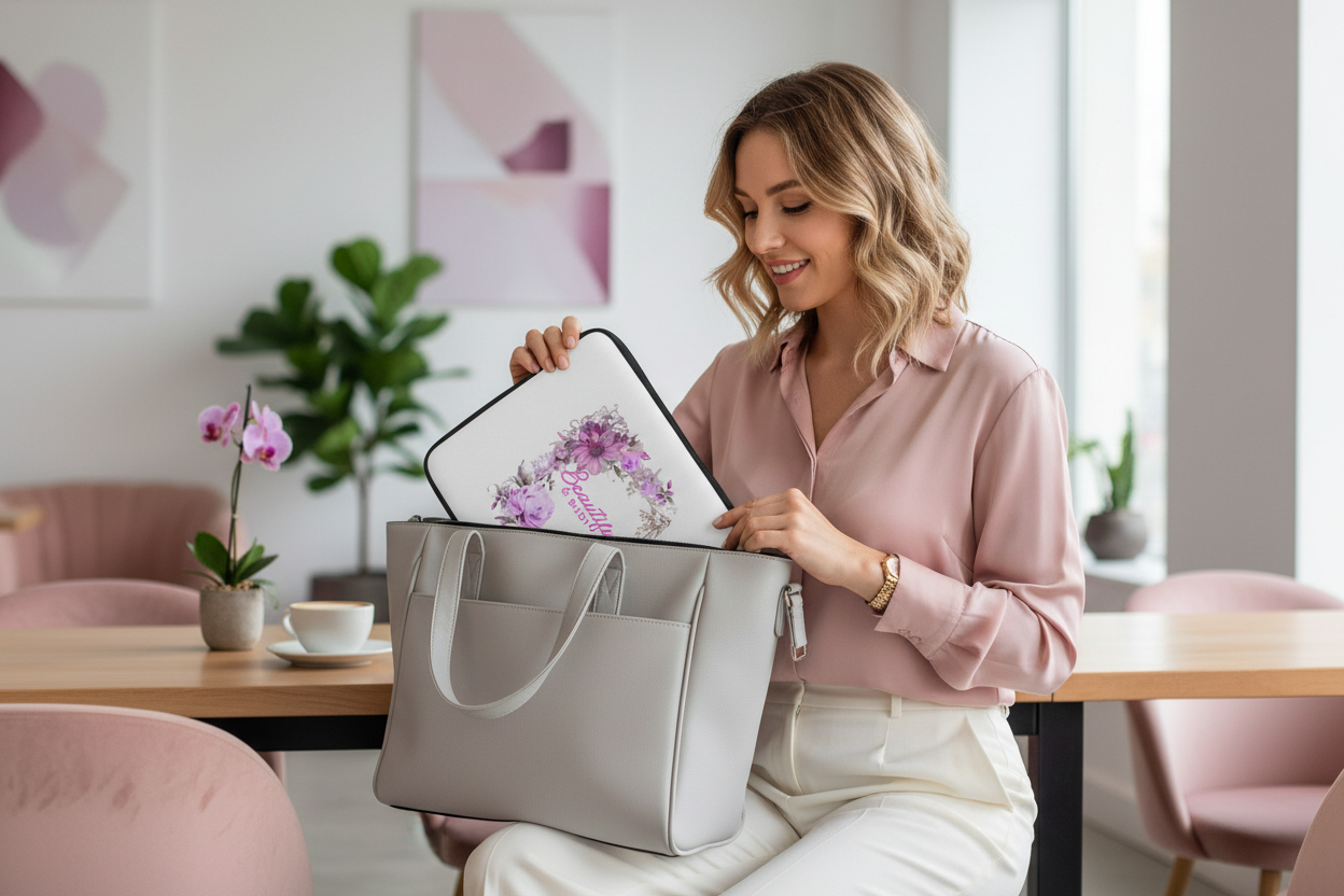 Stylish woman pulling the Beautiful & Busy floral laptop sleeve out of her bag in a modern coffee shop