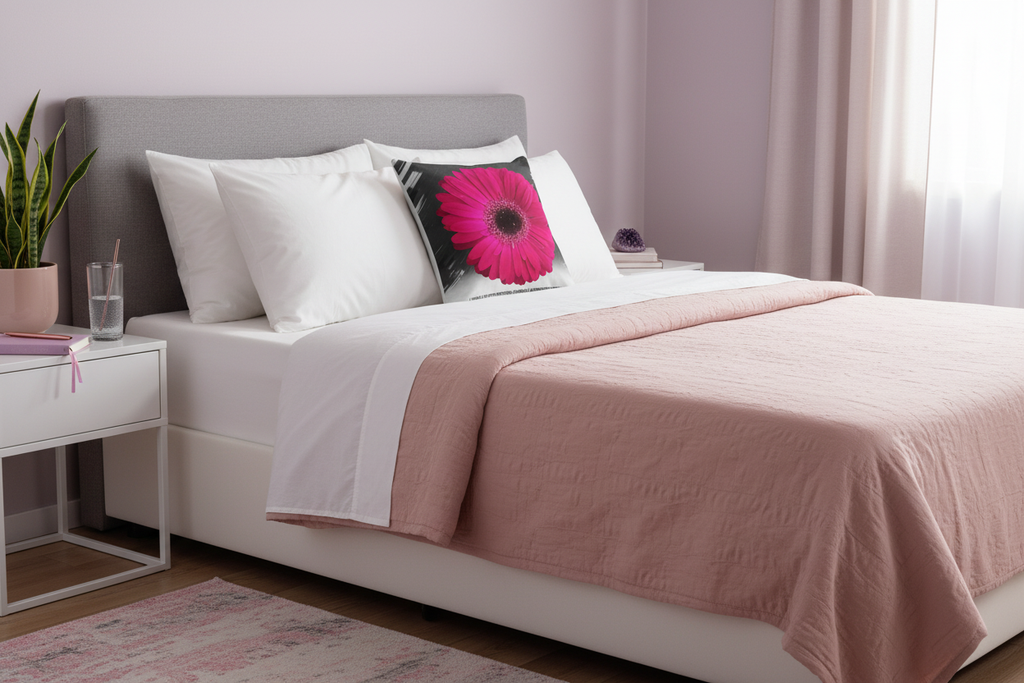 IPAM Floral Affirmation Pillow styled on a bedroom bed