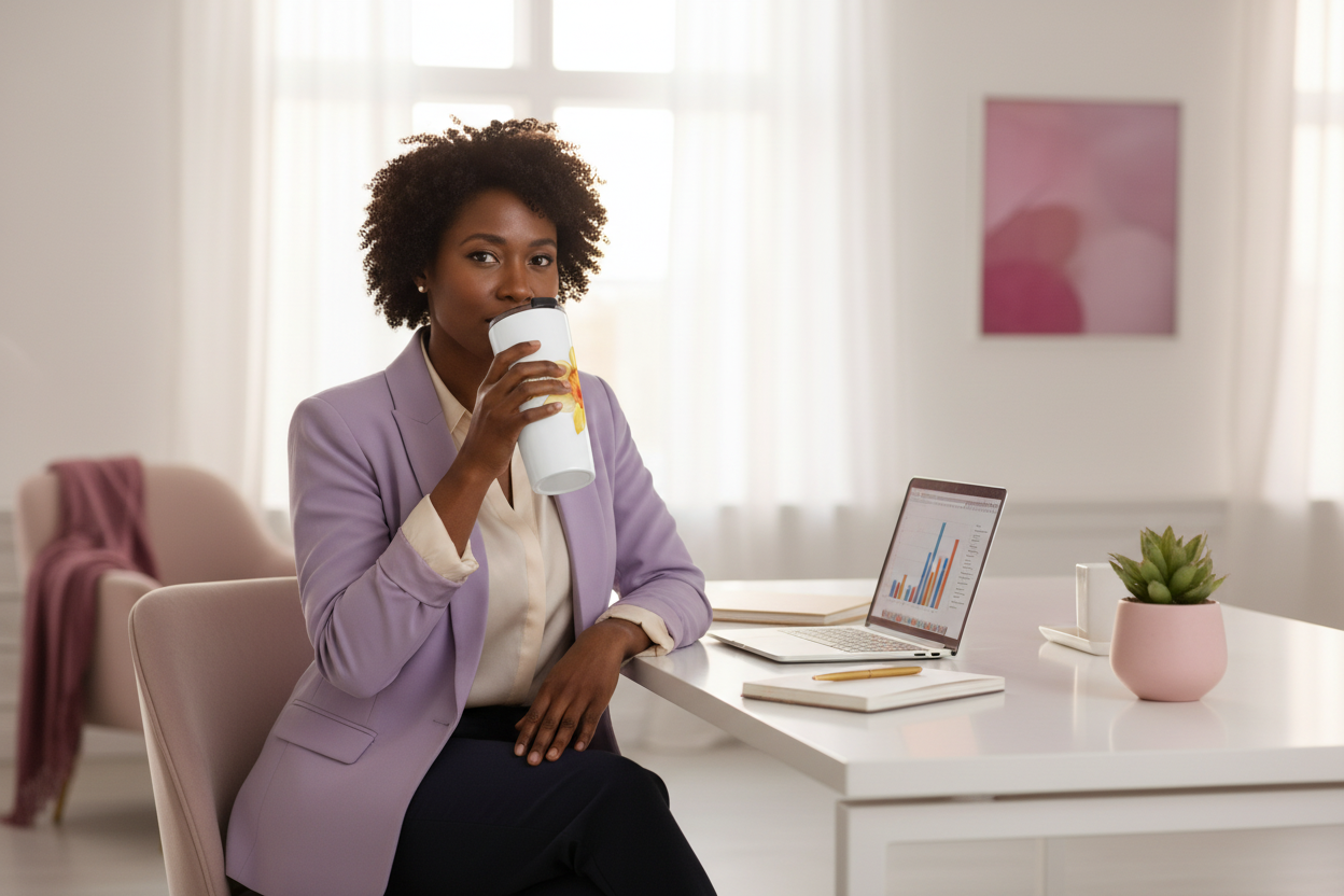 Polished confident Black businesswoman at her desk in a modern office holding the Living With Purpose tapered stainless steel tumbler
