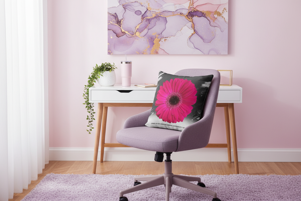 IPAM Floral Affirmation Pillow styled on a home office chair