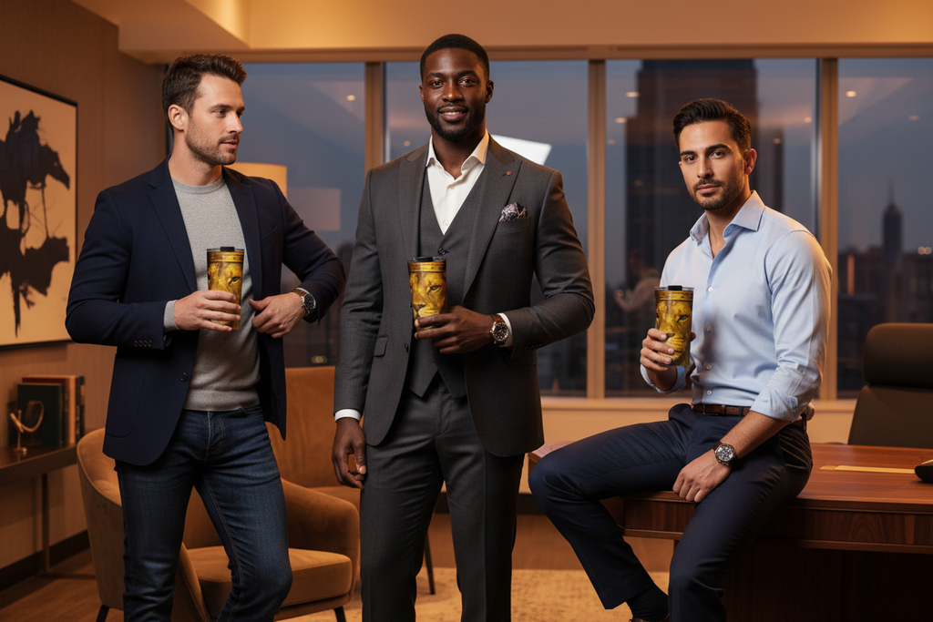 Three distinguished powerful men of different ethnicities confidently holding The King's Cup 20oz stainless steel tumbler in an upscale setting