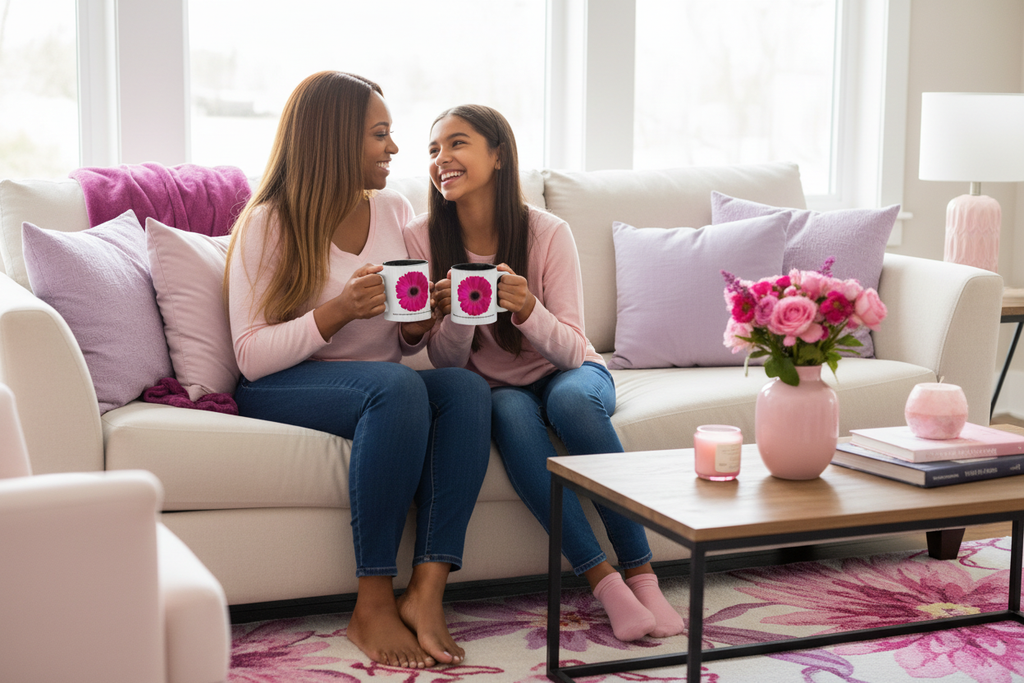 Black mother with long straight hair and teenage daughter on sofa holding the Vibrant Affirmational Mug