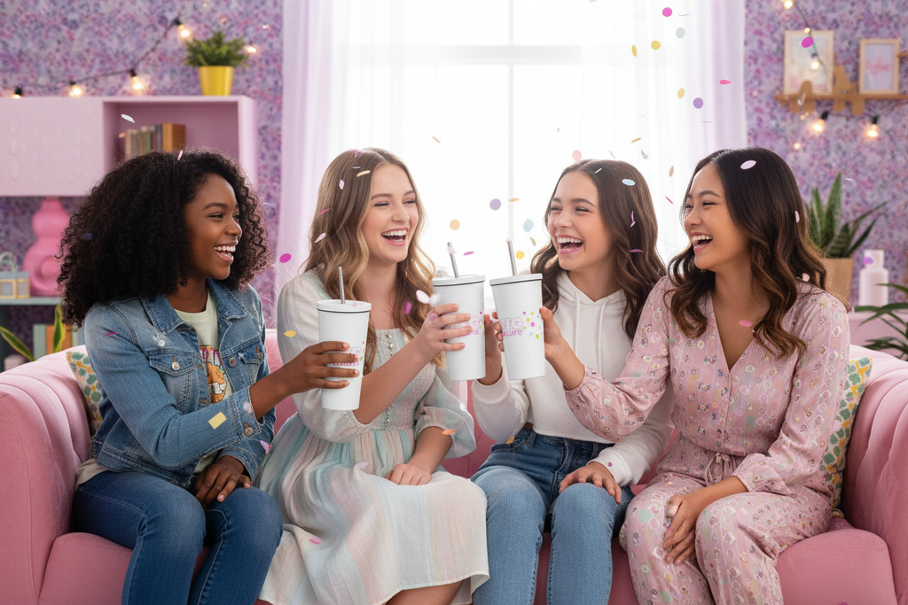 Four diverse teenage girls laughing and having fun together each holding the BIG Dreams 20oz insulated tumbler in a bright cheerful setting