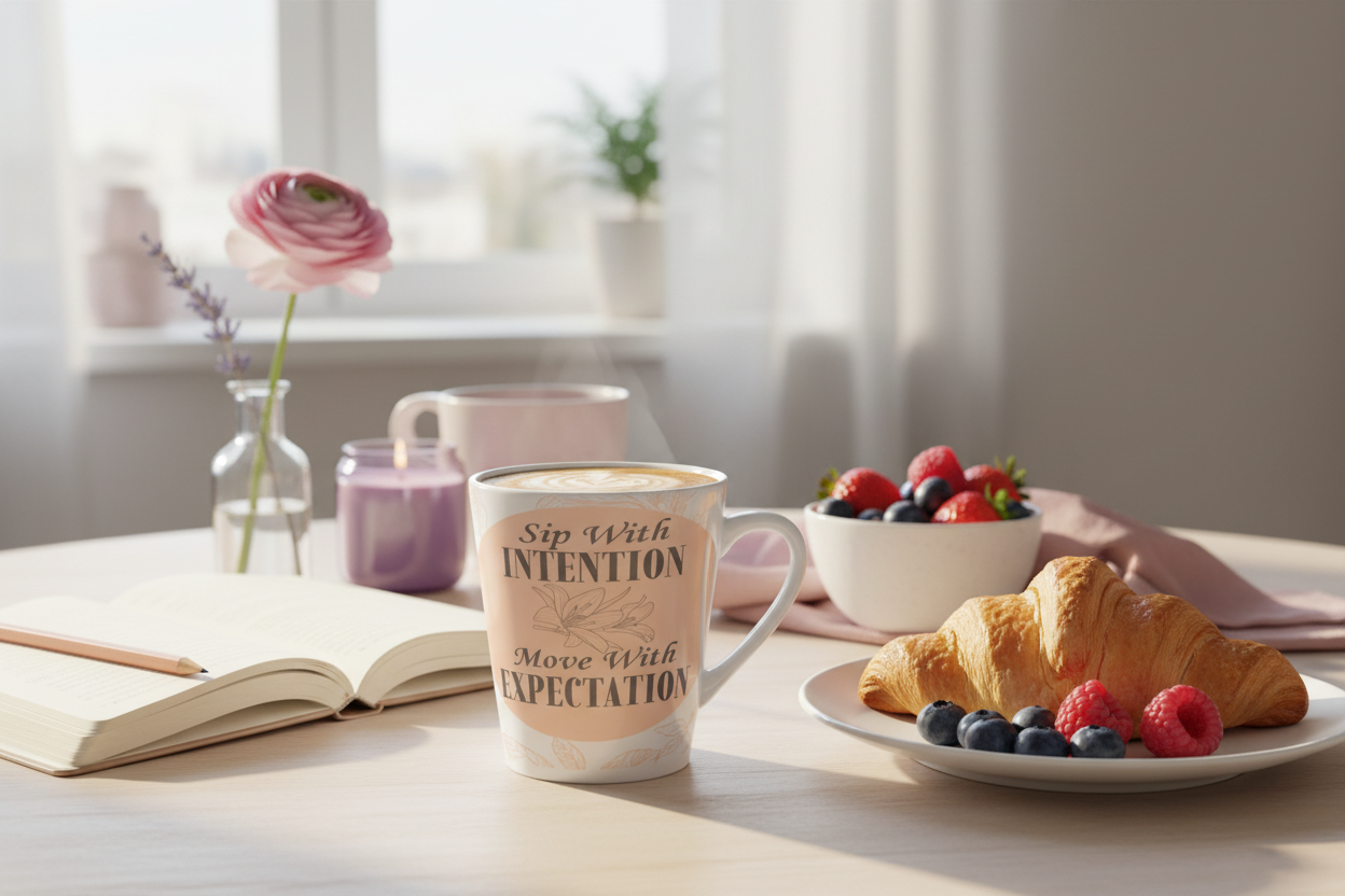 Sip With Intention latte mug styled in a cozy morning breakfast scene with croissant, berries, journal, and flower