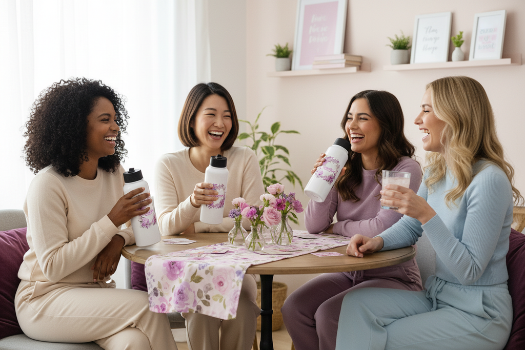 Four diverse women laughing together, three holding the Beautiful & Busy floral water bottle and one with a regular glass
