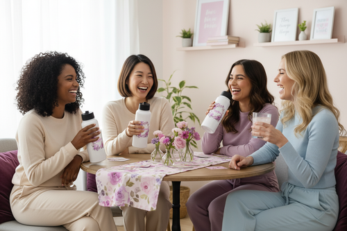 Four diverse women laughing together, three holding the Beautiful & Busy floral water bottle and one with a regular glass